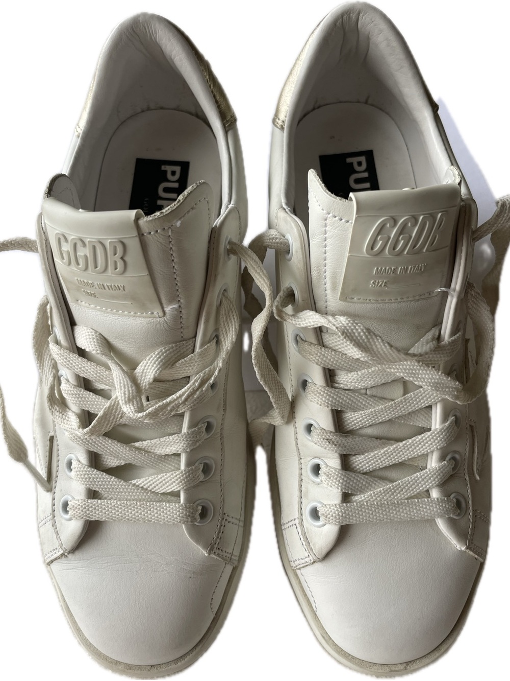 Golden Goose Italian White Leather Sneakers with Gold Heel Accent Size 38